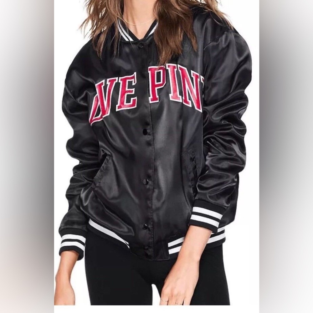 PINK Victoria's Secret Black Varsity Jacket Satin Finish